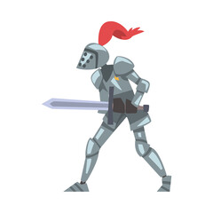 Medieval Knight, Chivalry Warrior Character in Full Metal Body Armor Fighting Sword Cartoon Style Vector Illustration