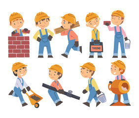 Boy Construction Workers with Professional Tools Set, Cute Little Builders Characters Wearing Blue Overalls and Hard Hat in Action Cartoon Style Vector Illustration