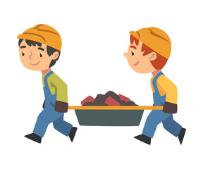 Two Boy Construction Workers Сarrying Construction Waste Together, Cute Little Builder Character Wearing Blue Overalls and Hard Hats Cartoon Style Vector Illustration