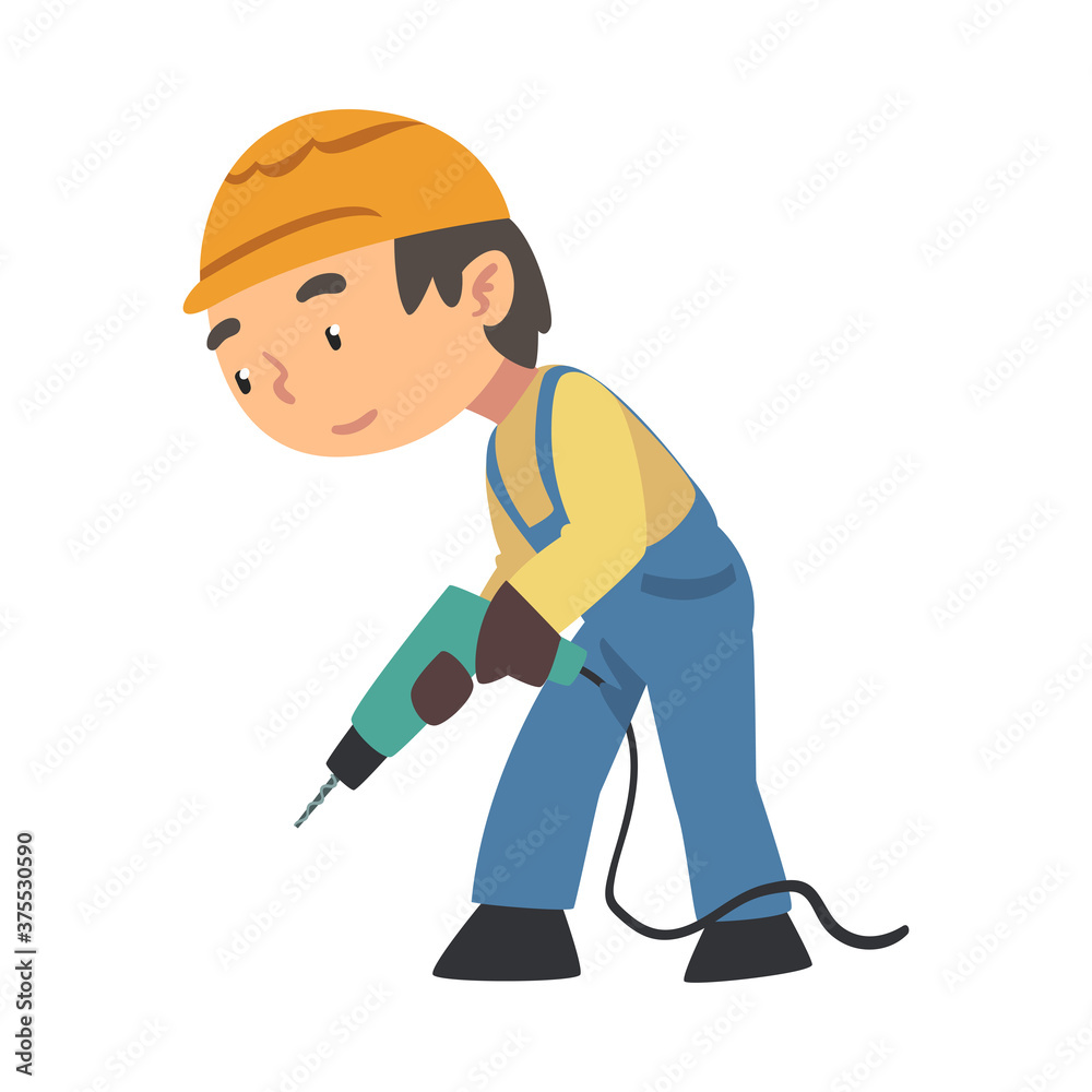 Poster boy construction worker with drill, cute little builder character wearing blue overalls and hard hat