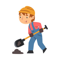 Boy Construction Worker Digging with Shovel, Cute Little Builder Character Wearing Blue Overalls and Hard Hat with Professional Tool Cartoon Style Vector Illustration