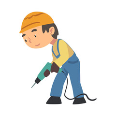 Fototapeta premium Boy Construction Worker with Drill, Cute Little Builder Character Wearing Blue Overalls and Hard Hat with Professional Tool Cartoon Style Vector Illustration