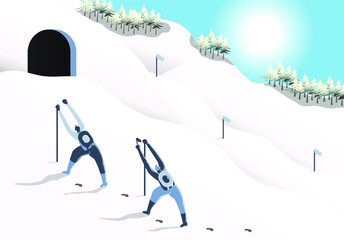 Concept of adventurous hiking in snowy mountains during holidays in a bright morning. Flat cartoon character vector illustration with charming scenario. Easily customisable.