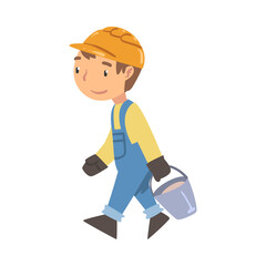 Boy Construction Worker Carrying Bucket, Cute Little Builder Character Wearing Blue Overalls and Hard Hat with Construction Tool Cartoon Style Vector Illustration