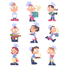 Kids Chefs Cook Set, Cute Children Cookers Characters Wearing White Hat and Apron Cooking Delicious Food on Kitchen Cartoon Vector Illustration