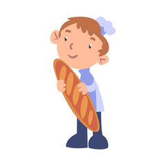 Boy Chef Cook Holding Loaf of Bread, Cute Child Professional Cooker Character Wearing White Hat and Apron Cooking Delicious Food on Kitchen Cartoon Style Vector Illustration