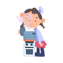 Girl Chef Cooking Delicious Food on Kitchen, Cute Child Cooker Character Wearing White Hat and Apron Cartoon Style Vector Illustration