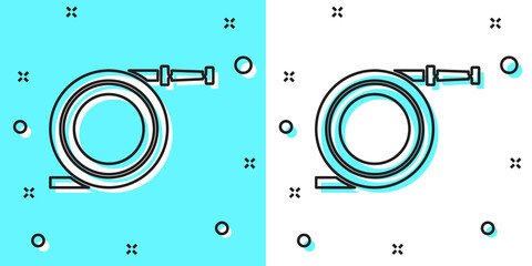 Black line Garden hose or fire hose icon isolated on green and white background. Spray gun icon. Watering equipment. Random dynamic shapes. Vector Illustration.