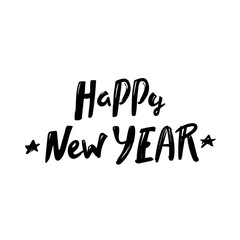 Happy New Year. lettering typographic text isolated black on white background. Vector greeting card design template for winter holidays