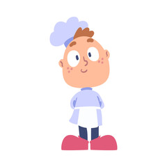 Boy Chef Cook, Cute Child Cooker Character Wearing White Hat and Apron Cooking Delicious Food on Kitchen Cartoon Style Vector Illustration