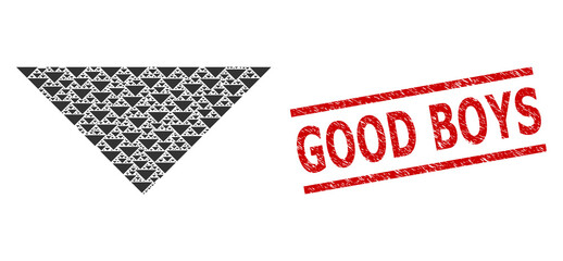 Recursion mosaic arrowhead down and Good Boys grunge stamp seal. Vector mosaic is made with random arrowhead down items. Seal includes Good Boys caption between parallel lines.