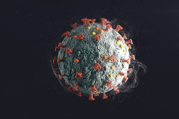 Corona-virus microscopic structure. Isolated COVID-19 disease cells and molecules with black background. Noble corona virus outbreak and Pandemic. 3D Illustration of a corona virus cell with smoke.