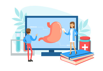 Tiny Gastroenterologist Doctors Examining Stomach on Computer Screen, Man and Woman Doctors Doing Medical Research, Online Doctor Consultation Technology Vector Illustration.
