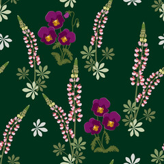 Beautiful seamless vector floral summer pattern background with pansy, lupine flowers.