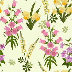 Seamless vector illustration with lupine,daisy and narcissus