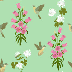 Seamless vector illustration with birds and campanula