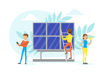 People Taking Care about Ecology and Using Alternative Source of Energy, Environment Protection Concept Flat Vector Illustration