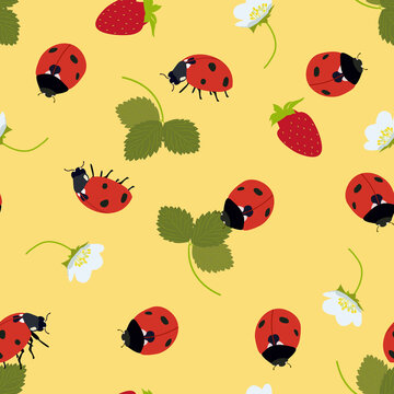 Seamless vector illustration with cute ladybugs and strawberries