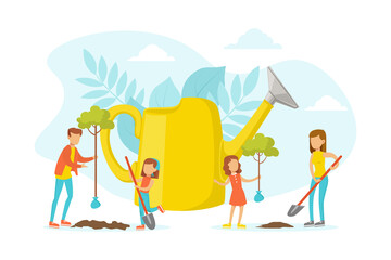 People Taking Care about Planet Ecology, Tiny Characters Planting Trees, Ecology and Environment Protection Concept Flat Vector Illustration