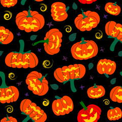  Seamless pumpkin pattern with autumn fallen leaves on a black background. Autumn Halloween pattern.Design for Halloween and thanksgiving, textiles, paper, printing