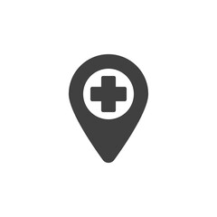 Hospital location pin vector icon. filled flat sign for mobile concept and web design. Map point medical cross glyph icon. Symbol, logo illustration. Vector graphics