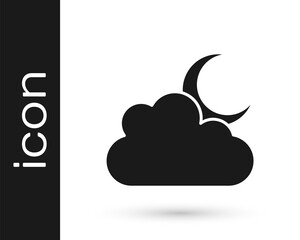 Black Cloud with moon icon isolated on white background. Cloudy night sign. Sleep dreams symbol. Night or bed time sign. Vector.