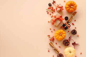 Autumn composition with orange pumpkin ,pine cones, cinnamon sticks, berries and small gifts. Flat lay, top view.秋の背景　オレンジかぼちゃとプレゼント