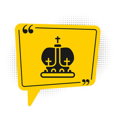 Black British crown icon isolated on white background. Yellow speech bubble symbol. Vector.