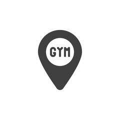 Gym location pin vector icon. filled flat sign for mobile concept and web design. Map pointer with gym glyph icon. Symbol, logo illustration. Vector graphics