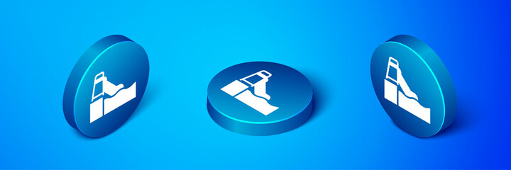 Isometric Water slide with pool icon isolated on blue background. Aquapark. Blue circle button. Vector.