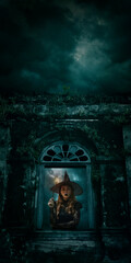 Halloween witch holding magic wand standing over ancient castle window, full moon with spooky...