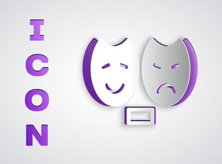 Paper cut Comedy and tragedy theatrical masks icon isolated on grey background. Paper art style. Vector.