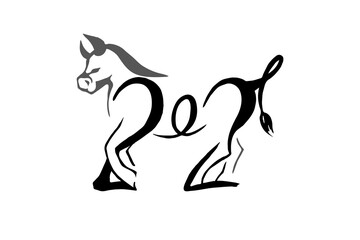 Full-length silhouette of a bull (profile) and lettering "2021". Vector hand drawn in black ink and traced illustration. Ox - symbol of 2021 in the Chinese calendar