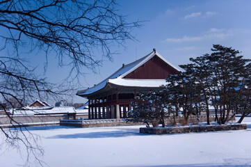  Changdeokgung Palace is the UNESCO World Cultural Heritage. Beautiful  palacei with snow. 