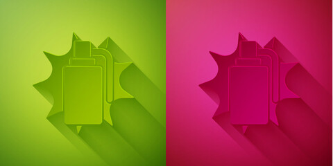 Paper cut Hand grenade icon isolated on green and pink background. Bomb explosion. Paper art style. Vector.