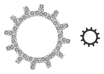 Vector gear mosaic is formed of random recursive gear pictograms. Recursive combination of gear.