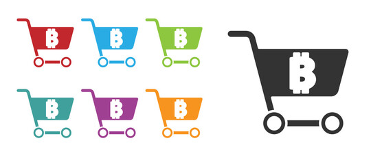 Black Shopping cart with bitcoin icon isolated on white background. Online payment. Cash withdrawal. Modern method of payment. Set icons colorful. Vector.