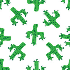 Seamless Botanical green and white desert flora . Cartoon cactuses and succulents for fabric, wallpaper