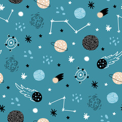 Seamless space pattern. Rockets, stars, planets, the solar system, constellations, cosmic elements.