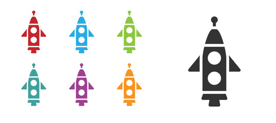 Black Rocket ship icon isolated on white background. Space travel. Set icons colorful. Vector.