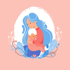 mother and baby stylized vector symbol, mom hugs her child logo template