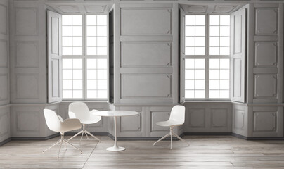 Interior of dining room classic style with two windows background. 3D illustration
