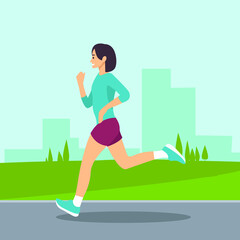 Running in city park. Woman runner outside jogging in park. Vector flat illustration