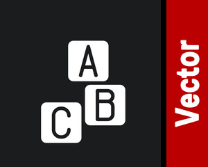 White ABC blocks icon isolated on black background. Alphabet cubes with letters A,B,C. Vector.