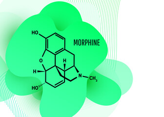Morphine chemical formula, opium alkaloid with liquid fluid shapes on white background.