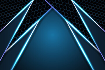 Modern background with carbon fiber hexagon with blue luminous lines and highlights on a carbon grid. Technology background.