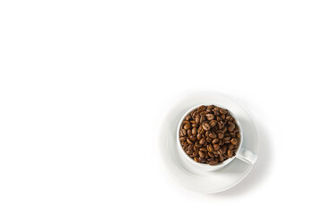 Coffee beans in white cup, close-up. White coffee cup with coffee seeds on white background. Concept For International day of coffee.