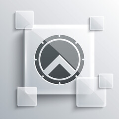 Grey Greek shield with greek ornament icon isolated on grey background. Square glass panels. Vector.