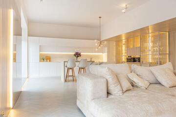 trendy modern interior design of a large studio in white and beige colors with large floor-to-ceiling windows. area of ​​white kitchen with an island and a recreation area