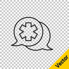Black line Dialogue with the doctor icon isolated on transparent background. Doctor and patient dialog. Consulting about medical health services. Vector Illustration.